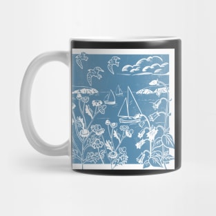 Seaside Linoprint of Sailing Boats and Blue Skies Mug